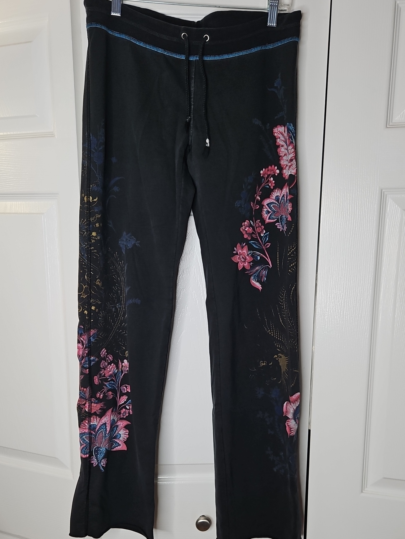Y2k Vintage Lucky Brand Black With Pink Floral Design Yoga Sweatpants Size S
